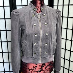 Anthropologie Idra Gray Corduroy Military Bomber Jacket Cropped Full Zip Size 2